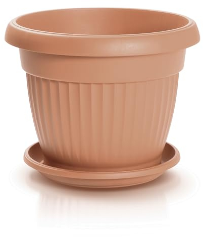 IMJ-Global Vaso con Sottovaso per piante Fiori DCE30-POD25 TERRA Tondo Ø30cm da interno esterno Terracotta 8 Litri Ø30x23,5 cm design Classico Fioriera in plastica da balcone