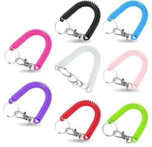 Helweet Porte Clés à Ressort, Porte Clés Extensible Coloré, Porte Clés à Ressorts à Spirale, Bobine Rétractable, pour Porte Clés, Téléphone Portable et Autres Articles Importants, 8 Pièces