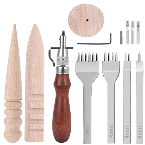 Strumenti Artigianali in Pelle Kit con 4 Scalpelli Cuoio Scanalatura Cuoio Bastone Lucidatura Cuoio Levigante Cucito a Mano Utensili Artigianali per Cucire da Artigianato DIY Lavorazione Cuoio Pelle