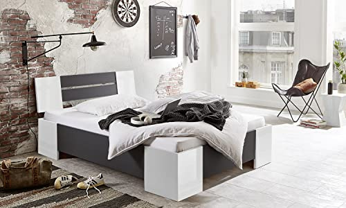 BMG Möbel Futonbett Graz in Weiß/Anthrazit Holzbett Doppelbett 140x200 cm Made in Germany (Ohne Rollrost)
