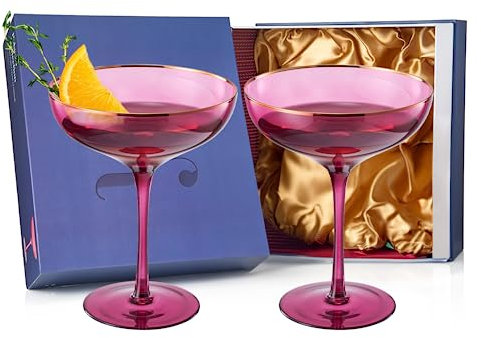 Colored Sunset Purple & Gilded Rim Coupe Glass, 9oz Cocktail & Champagne Glasses 2-Set Vibrant Color Gold Vintage Tumblers, Margarita, Glassware Gift Idea Gifts for Mom, Him, Wife, Housewarming Coupes
