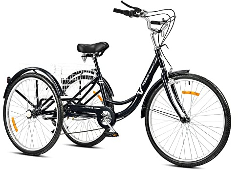 Viribus 24 Inch Adult Tricycle, 7 Speed Trike 3 Wheel Cargo Bike with Basket & 205 kg Cap for Men Women Seniors, Adjustable Three Cruiser Bicycle Shopping Cycling Pedalling, Black
