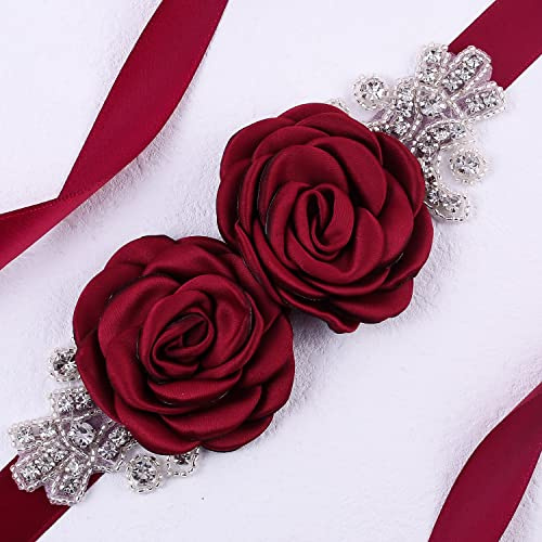 SYSUII Kristall Strass Damen Gürtel Hochzeit Satin Schärpe Brautgürtel 270cm Braut Gürtel Rose Blume Hochzeit Party Brautjungfer Kleid Gürtel Taillengürtel Hüftgurt Hochzeitskleid Kleid Zubehör-Rot