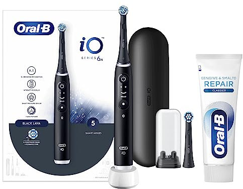 Oral-B Spazzolino Elettrico Ricaricabile iO6 Nero Con Custodia Da Viaggio, 1 Spazzolino + 1 Dentifricio Gengive & Smalto Repair, Classico-Menta 75ml