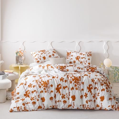 SUSYBAO Burnt Orange Flower Duvet Cover King 100% Cotton 3 Pcs Set 1 White Rust Botanical Duvet Cover with Zipper Ties 2 Pillowcases Vintage Farmhouse Terracotta Floral Bedding Set Soft