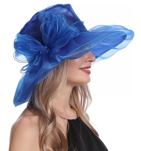Michear Organza-Sonnenhut, für Kirche, Party, Hochzeit, Fascinator, atmungsaktiv, breite Krempe, Strandhut, Schleife, Partyhut, eleganter Pillbox-Hut, Retro-Fedoras, blau, 49