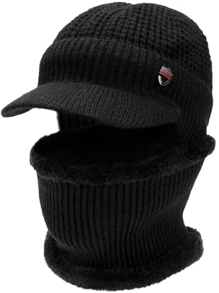 Heveer Herren Wintermütze Loop Schal Set Warme Strickmütze mit Krempe Weichem Gefüttert Ohrenschützer Hut für Outdoor Schwarz