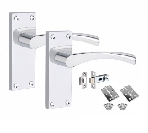 Golden Grace 5 Set of Victorian Scroll Astrid Door Handles Latch in Polished Chrome with 1 Pair of 3 Standard Butt Hinges & Latches Pack, 1 Set - 120mm x 40mm Backplate