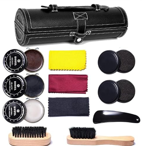 SQAQS 12 in 1 Kit per Lucidare le Scarpe, Borsa Nera, Kit Lustrascarpe, Manutenzione e Pulizia per Scarpe con Elegante Custodia, Lustrascarpe da Viaggio, Kit Spazzola Lustrascarpe
