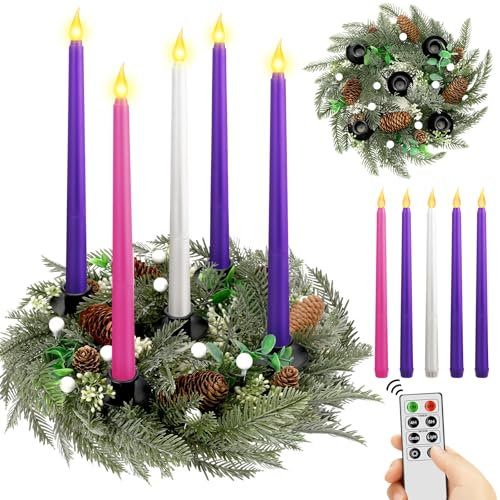 Tioncy 12 Inch Christmas Advent Wreath Candle Holder with 5 Flameless Candles Remote Control Wreath Candle Holder Centerpiece Decoration with Berries (White Berries,11 x 0.8 x 0.8 in)