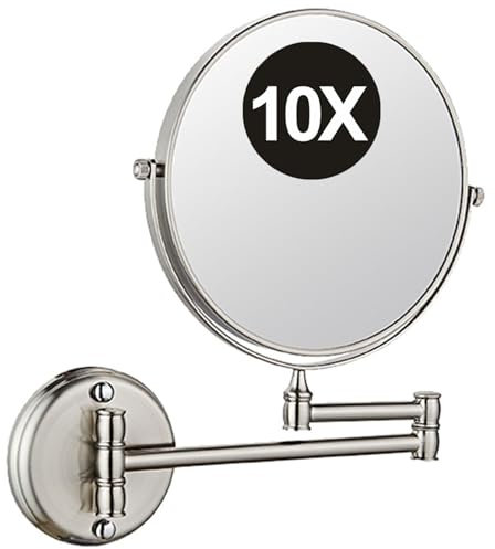CNBYDK 8-Zoll-Doppelseitiger Wand-Schminkspiegel Mit 10-Fach Vergrößerung, 360° Schwenkbarer Verstellbarer Messing-Kosmetikspiegel, Badezimmer-HD-Schönheits-Rasierspiegel,Nickel