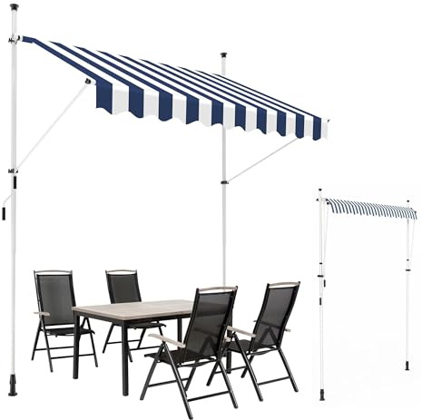 home Trends Klemmmarkise Balkonmarkise ohne Bohren - Einfache Montage,Höhenverstellbar, Sonnenschutz für Mietwohnungen und Balkone 250/300/350 cm x 130cm (Blau-Weiß gestreift, 250 x 130 cm)