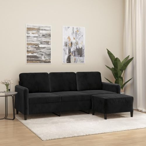 Willood 3-Sitzer-Sofa mit Hocker Schwarz 180 cm SamtMit dickem Kissen, Fußhocker Polster