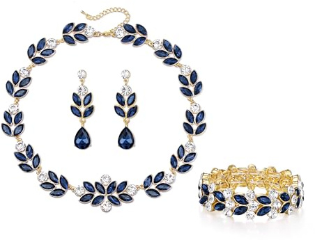 EVER FAITH Hochzeit Schmucksets für Braut Strass Marineblau Kristall Blumen Blatt Teardrop Statement Choker Halskette baumeln Ohrringe Armband Set für Damen