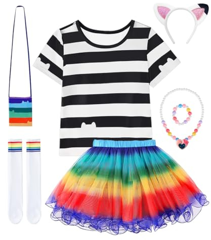COYBTO Déguisement Princesse Fille, Robe Tutu arc-en-ciel pour Filles | Ensemble T-shirt Chat Tutu Arc-en-ciel Collier Sac, Decoration Anniversaire Fille pour Halloween Carnaval Cosplay