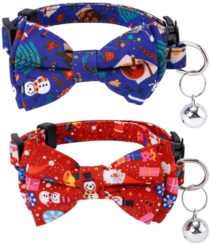 2St Weihnachtshalsband Katze, Weihnachts Katzen Fliege mit Glöckchen Weihnachts Halsband Hund mit Verstellbarer Schnalle Katzenhalsband mit Schleife Weihnachtszubehör für Kätzchen Welpen