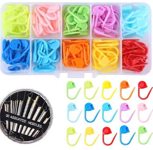 120 Stück Maschenmarkierer in 10 Farben, Strick und Häkelmarkierer mit 9 Nähnadeln und Aufbewahrungsbox, für DIY Häkel und Bastelprojekte, Strickzubehör