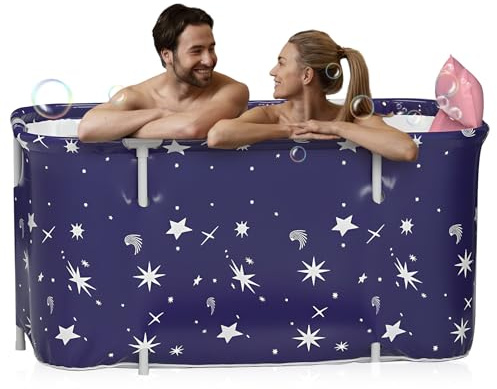 Warmiehomy 140cm Tragbare Faltbare Badewanne Erwachsene, Sternenblau | Freistehende Faltbadewanne mit Kissen & Rückenlehne Heißes Bad Eisbad für Dusche, Mobile Badewannes für Erwachsene Kinder.