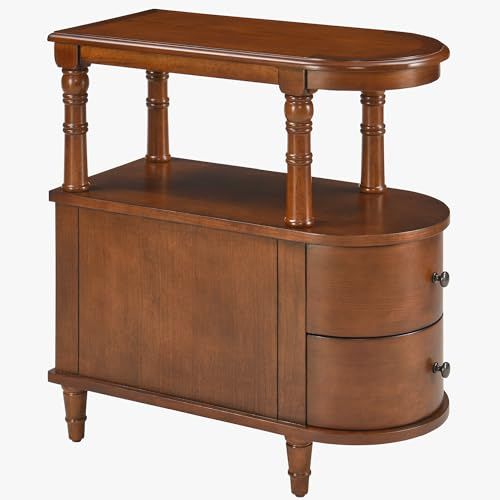 Schmaler Beistelltisch mit 2 Schubladen und Stauraum, Retro Vintage Sofa-Beistelltisch, Holz-Telefontisch für Wohnzimmer, 29L x 59,5B x 64,2H cm, werkzeuglose Montage, Karamellbraun BG-A508-MG