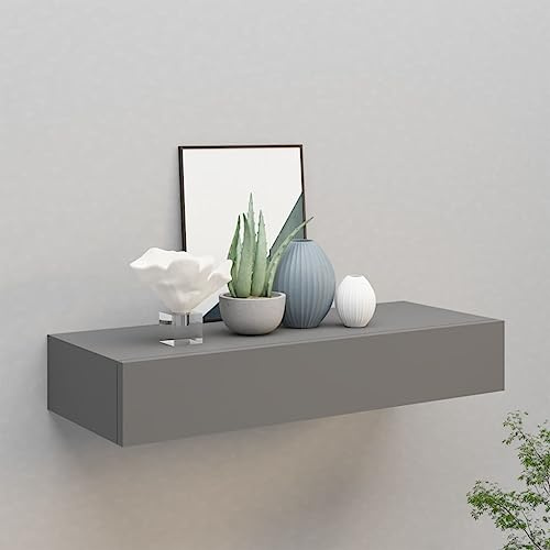 Hovothy Schweberegal Mit Schublade Grau Wandkonsole Mit Schublade 60 cm Wandregale MDF, Metall Hängeregal 60x23,5x10 cm