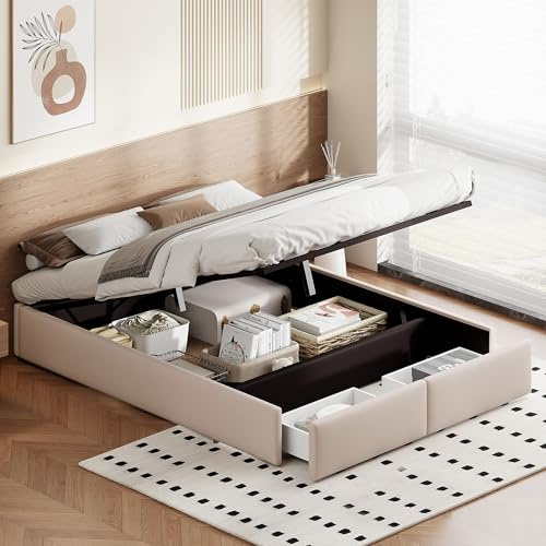 CoziFome Polsterbett 140x200, Plattformbett, Polsterbett ohne Kopfteil, Bett mit Holzlattenrost und Stauraum, Hydraulisch Stauraumbett mit 2 Schubladen, Ohne Matratze, Leinen (Beige, 140x200cm)
