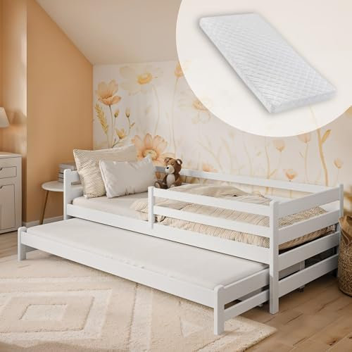 Kids Collective Kinderbett 90x200 mit Ausziehbett 90x190 und Zwei Schubladen Rausfallschutz und Lattenrost weiß Doppelbett Funktionsbett inklusive 2 Matratzen | von 4. bis 18. Lebensjahr