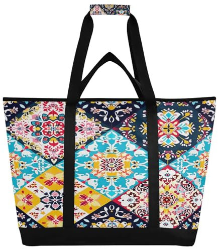 JUMBEAR Schöne große Kühltasche aus Keramikfliesen im mexikanischen Stil, isolierte Lebensmittel-Liefertasche, faltbare Lunchtasche, auslaufsichere Kühltasche, Tragetasche für Strand, Camping,