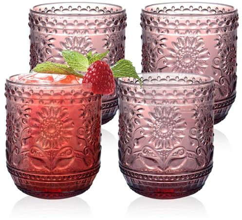 Vintage Wassergläser 4er Set, Trinkgläser Set Bunte aus Glas, 380 ML Farbig Wassergläser, Spülmaschinenfest, Modernes Blume Embossed Design für Camping, Partys, Alltag Büro Familienessen（pink）