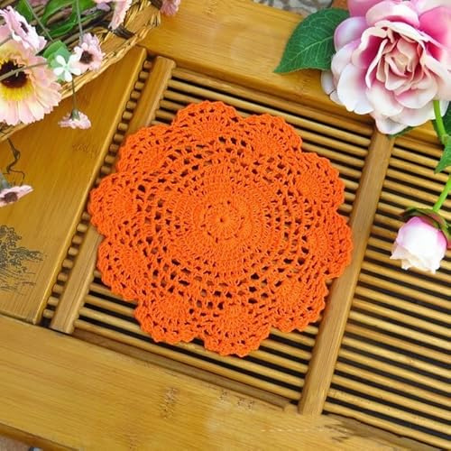YKAFADE 6 Stück Spitze Runde Gestickte Tischläufer - 20cm Retro Spitze Französische Häkeldeckchen Tischmatte Spitzendeckchen Tischsets für Küche, Esszimmer, Dreamcatcher Dekoration -Orange