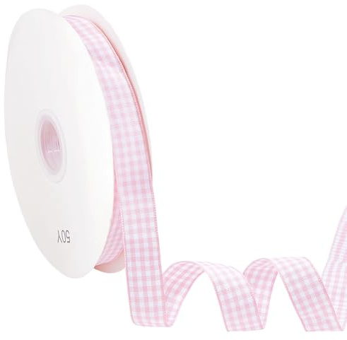 MAYJOYDIY 45.7m Rosa Weißes Gingham Band 15mm Vichy Geschenkband Rosa Weiß Dekoband Schleifenband Karoband für Schleifen, Nähen, Geschenkverpackungen, Hochzeit, Brautparty
