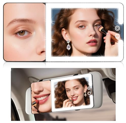 Car Sun Visor Vanity Mirror with Lights & 20X Magnification, Led Light up Makeup Mirror for Sun Visor, Rechargeable 3 Colors Dimming Light, Universal for Car SUV Truck, Accessories for Women & Men