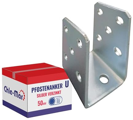 Chle-Mar Pfostenträger mit U-Bügel 50 mm aus verzinktem Stahl | Fester Balkenschuh, Pfostenanker für Zaun- & Holzbau, Pfostenschuh zum Aufschrauben