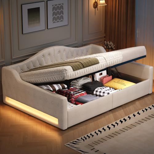 Wyibwy Divano letto imbottito 140x200 con cintura LED, letto contenitore matrimoniale, rivestimento in lino, beige