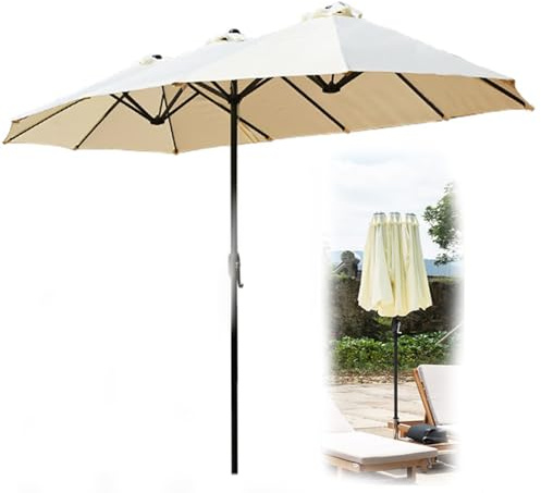 Grand parasol de jardin rectangulaire double face avec manivelle, parasol pour piscine ou terrasse, blanc sale, 380 x 200 cm, parfait pour les événements en plein air