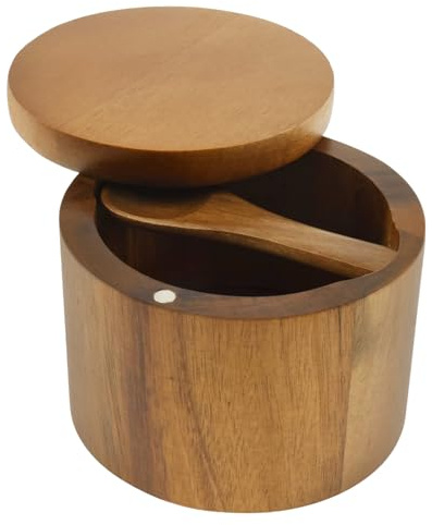 YUNYOUC Acacia Wood Salt Bowl with Built in Spoon and Magnetic Swivel Lid, Round Salt Cellar Kitchen Pepper Cellar Holder for Storing Pepper Sugar Spice (One Compartment)