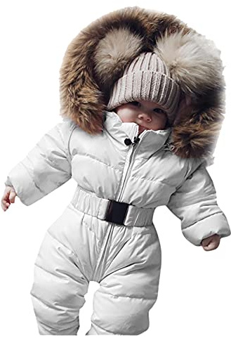 Outerwear Baby Snowsuit Winter Warm Comfy Thick Puffer Jacket with Fuzzy Faux Fur Hood Windproof Waterproof Padded Coat Infant Boy Girl Romper Jumpsuit Onesie for Outdoor (c-White, 6-9 Months)