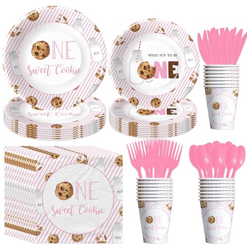 HOAKWA Milk and Cookies 1st Birthday Decorations Girl Tableware, Pink One Sweet Cookie Birthday Party Supplies, Milk Theme Paper Plates and Napkins Set, Cups, Disposable Cutlery, Serves 24