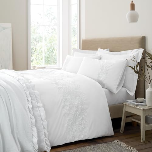 Bianca Embroidery Floral 200 Thread Count Cotton Single Duvet Cover Set with Pillowcase White