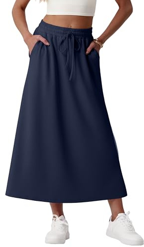 GRECERELLE Jupe longue pour femme avec poches, taille élastique, jupe longue trapèze, jupe d'été midi en mélange de modal, jupe décontractée pour le quotidien et les vacances