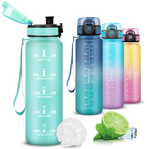 Mujigaga Gourde- 1l- Gourde Sport, Gourdes Motivation Anti-Fuite, Gourdes Filtrante avec Slogan de Motivation, Facile à Nettoyer, Bouteille d'eau pour Fitness, Randonnée, Camping, Running