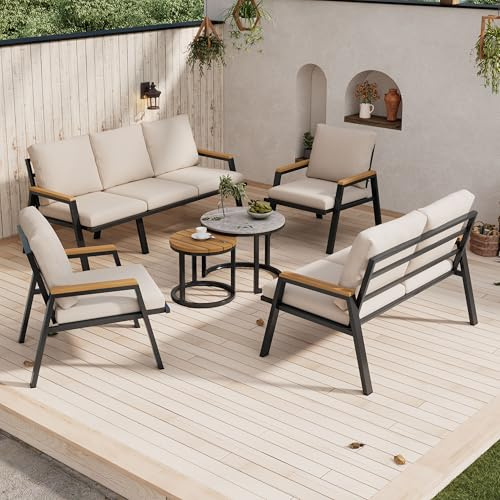 Merax Gartenlounge-Set Gartenmöbel-Set mit Kissen, 3-Sitzer-Sofa, 2-Sitzer-Sofa, 2 Sessel & Couchtische, Marmor-Glas & Kunststoff-Holzplatte, verzinkter Stahl, für Garten, Terrasse, Balkon, Grau