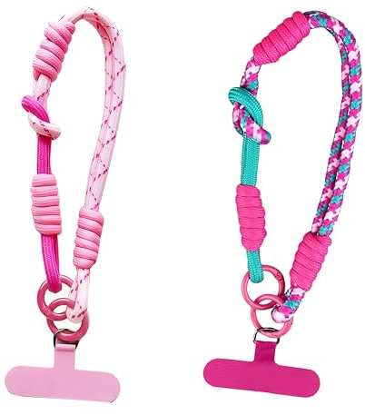 2 Dragonne Telephone Portable Courte Bracelet Bijoux de Téléphone | Sangle de Poignet en Nylon pour Smartphones, Ensemble de Lanières Motif Floral Rose Vert et Rose Fleuri, Patch