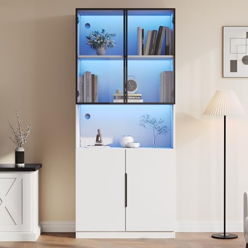 kowdom Glasvitrine mit LED Beleuchtung App Steuerung, Standvitrine 80x30x200cm, Vitrinenschrank mit Glastüren und Aluminiumrahmen, Wohnzimmer Sideboard Bücherregal Weiß