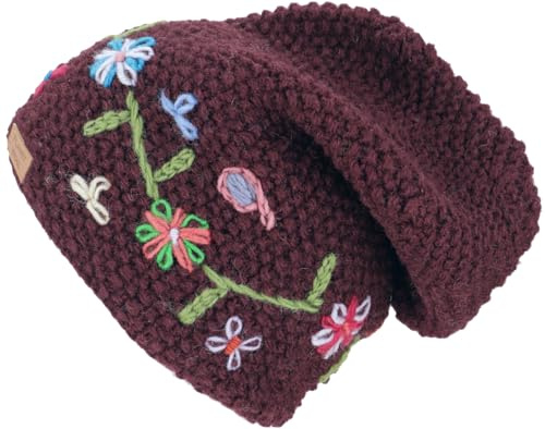 GURU-SHOP Wollbeanie mit Blumenstickerei, Nepalmütze, Herren/Damen, Dark Wine, Wolle, Size:One Size, Mützen Alternative Bekleidung