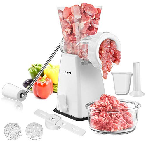 LHS Manual Meat Grinder with Stainless Steel Blades Heavy Duty Powerful Suction Base for Home Use Fast and Effortless for All Meats-White