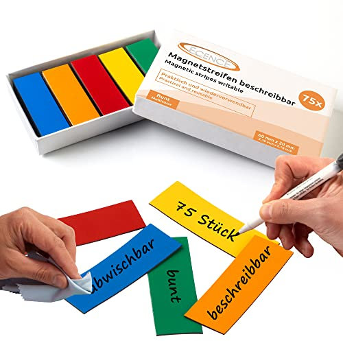 ECENCE Lot de 75 étiquettes magnétiques réutilisables effaçables à Sec pour Tableau Blanc, réfrigérateur, casier, Salle de Classe - 60x20mm