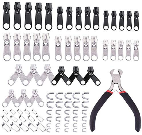 REYOK Sostituzione Cerniera, 85 PCS Kit di Riparazione Cerniera con Cerniera Installare Strumento Pinze per Borse, Giacche, Tende, Bagagli, Sacco a Pelo (Argento e Nero)