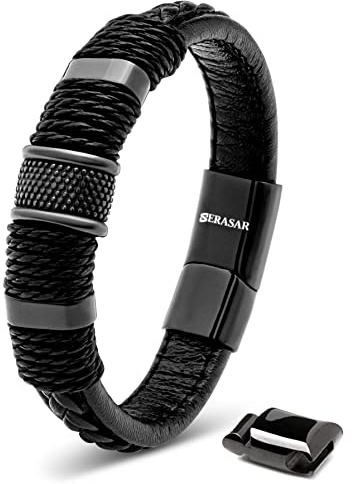 SERASAR Läderarmband för Män 20cm Flätat Svart Armband Pojkarmband Hanarmband Smyckepresentidé Jubileumspresenter Present till Make, Pojkvän