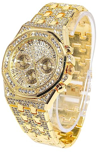 HALUKAKAH Diamants Montre en Or pour Hommes,Plaqué Or Réel 18k Largeur 20mm Quartz Bracelet 22cm,avec Boîte Cadeau