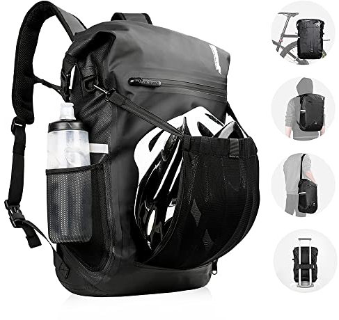 BAIGIO Multifunctional Bike Rolltop Backpack for Rear Carrier Rack 22-25L Waterproof Bicycle Panniers Bag Cycling Back Seat Rucksack with Helmet Retaining Net & 15 inch Laptop Liner Bag, Sport Travel